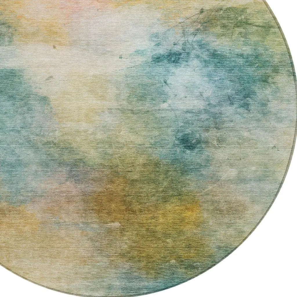 8' Teal Blue And Peach Round Abstract Washable Indoor Outdoor Area Rug Homeroots Outdoor