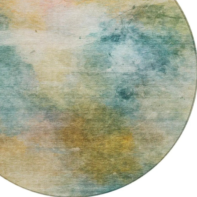 8' Teal Blue And Peach Round Abstract Washable Indoor Outdoor Area Rug Homeroots Outdoor