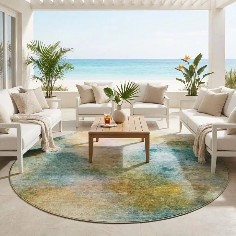 8' Teal Blue And Peach Round Abstract Washable Indoor Outdoor Area Rug Homeroots Outdoor