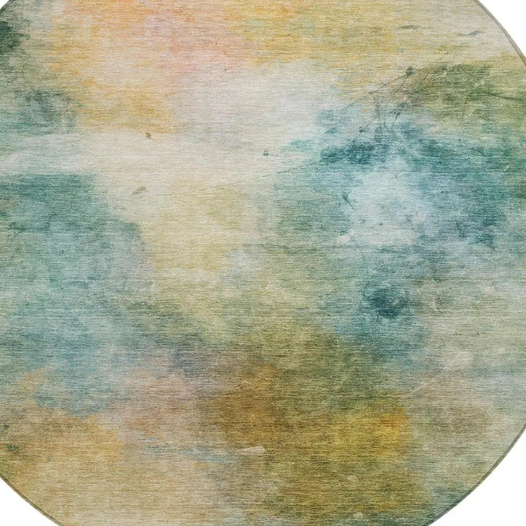 8' Teal Blue And Peach Round Abstract Washable Indoor Outdoor Area Rug Homeroots Outdoor