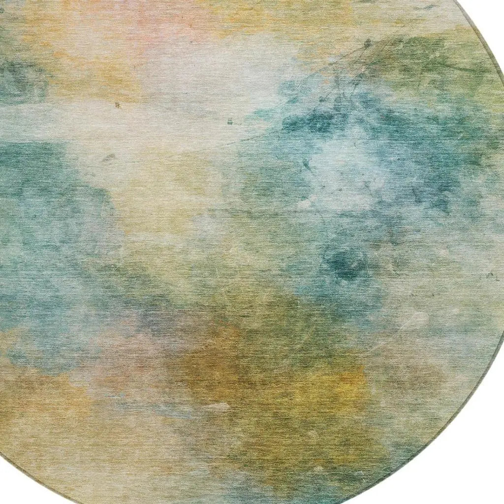 8' Teal Blue And Peach Round Abstract Washable Indoor Outdoor Area Rug Homeroots Outdoor