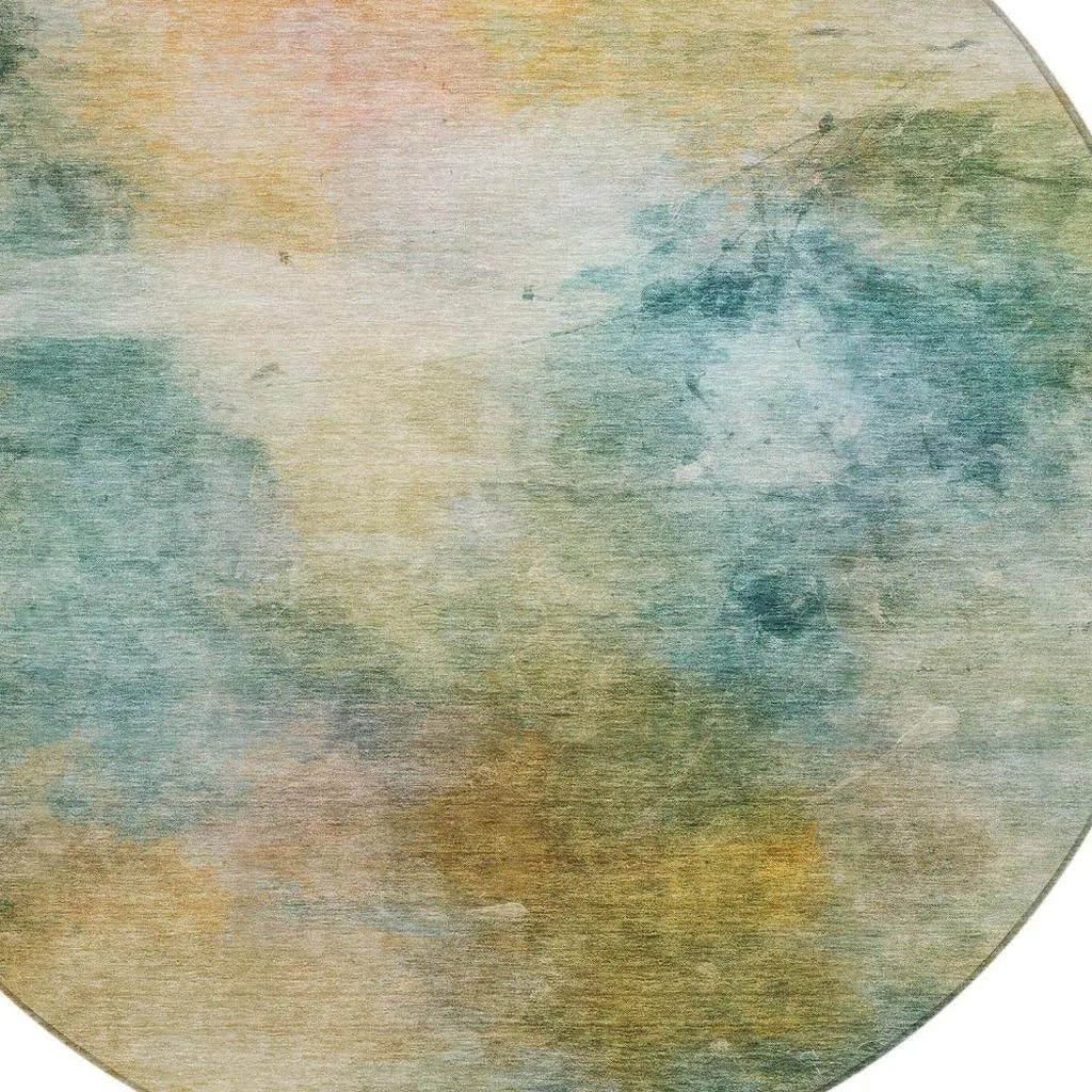 8' Teal Blue And Peach Round Abstract Washable Indoor Outdoor Area Rug Homeroots Outdoor