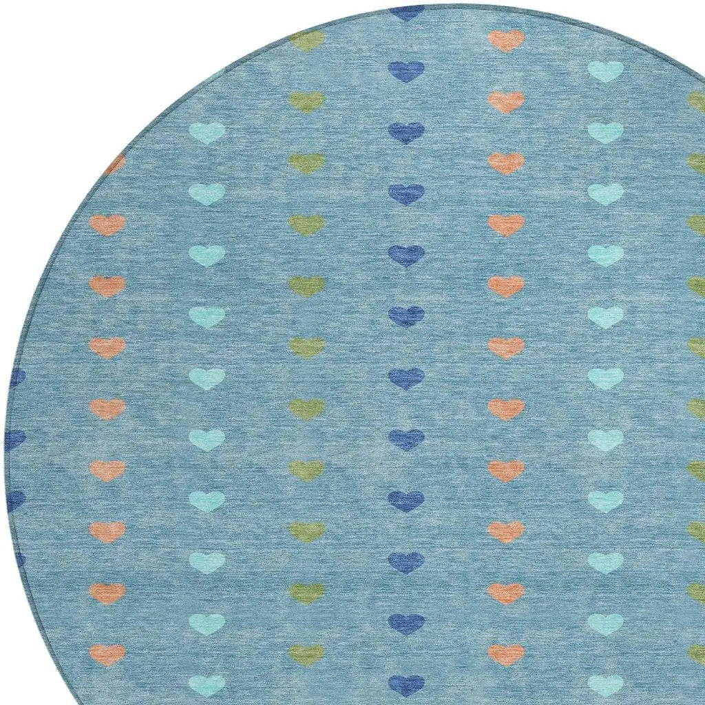 8' Teal Blue And Peach Round Geometric Washable Indoor Outdoor Area Rug Homeroots Outdoor