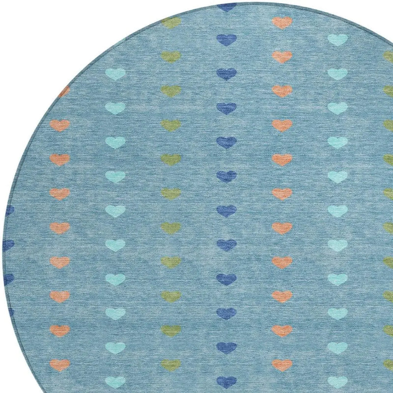 8' Teal Blue And Peach Round Geometric Washable Indoor Outdoor Area Rug Homeroots Outdoor
