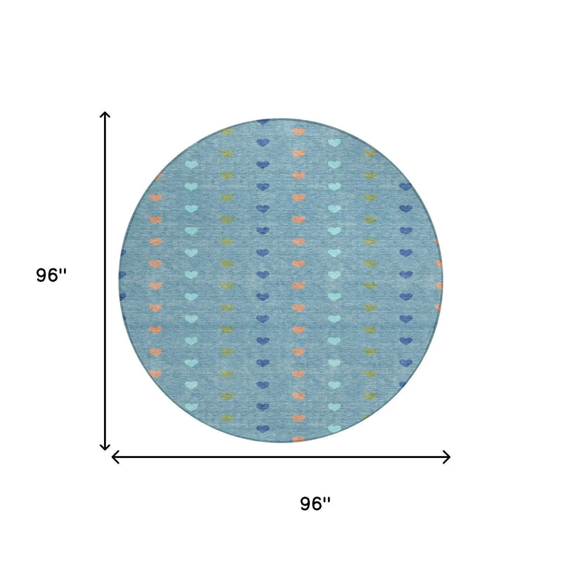 8' Teal Blue And Peach Round Geometric Washable Indoor Outdoor Area Rug Homeroots Outdoor