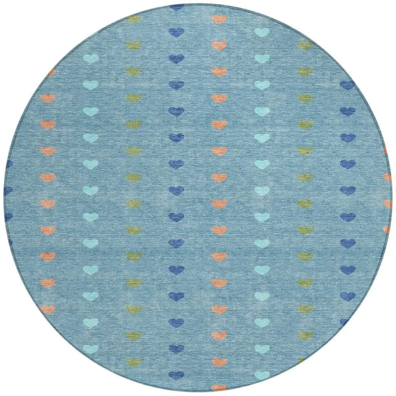 8' Teal Blue And Peach Round Geometric Washable Indoor Outdoor Area Rug Homeroots Outdoor
