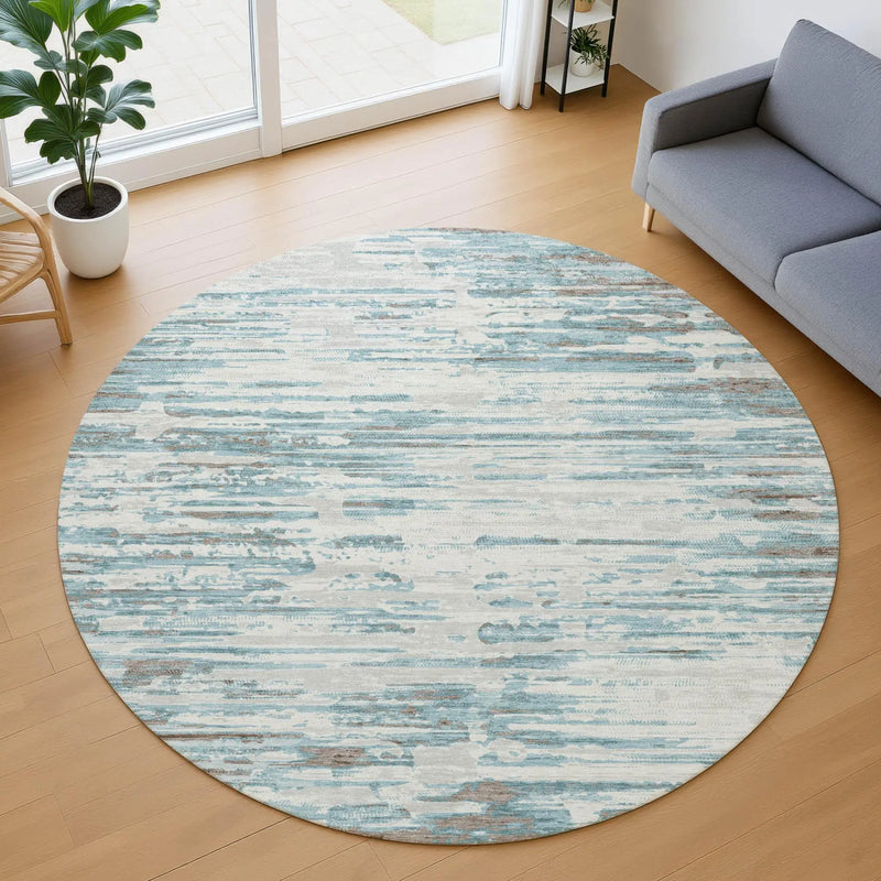 8' Teal Blue And Pewter Round Abstract Washable Indoor Outdoor Area Rug Homeroots Outdoor