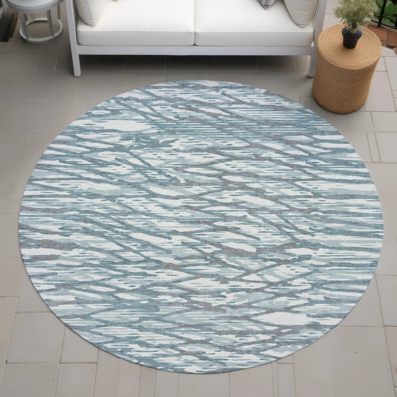 8' Teal Blue And Pewter Round Abstract Washable Indoor Outdoor Area Rug Homeroots Outdoor