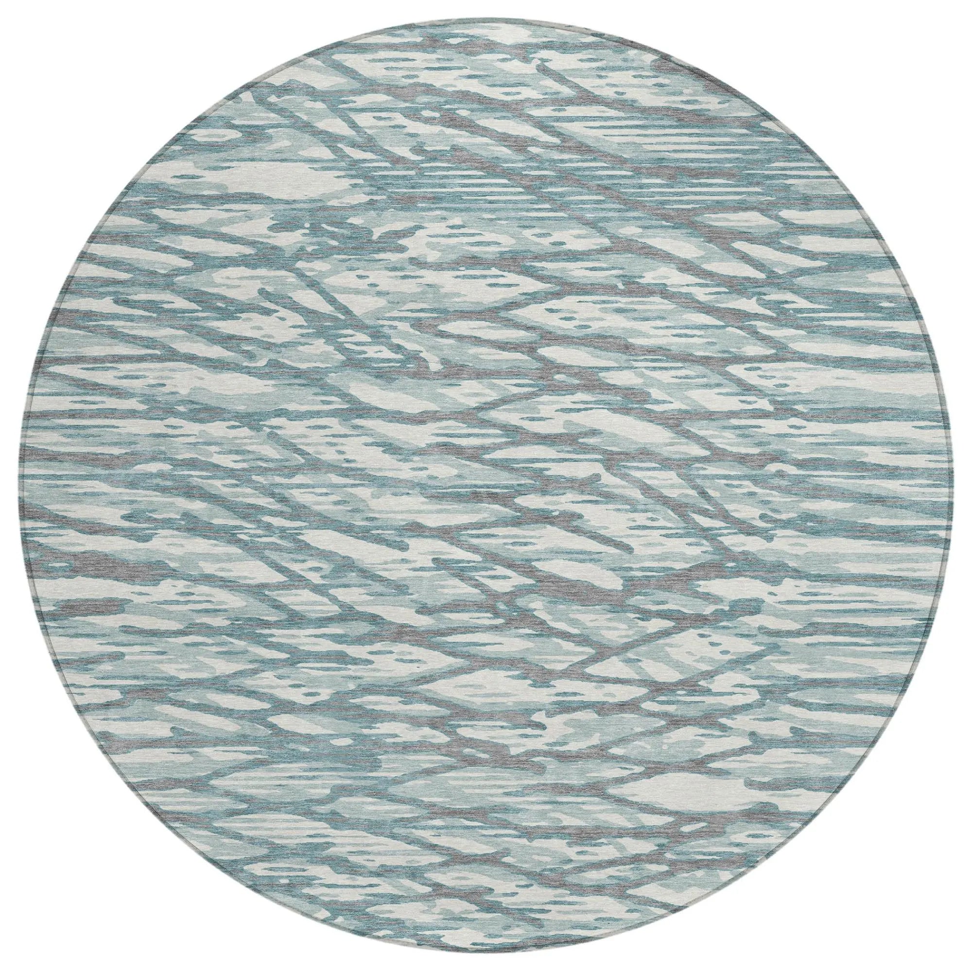 8' Teal Blue And Pewter Round Abstract Washable Indoor Outdoor Area Rug Homeroots Outdoor