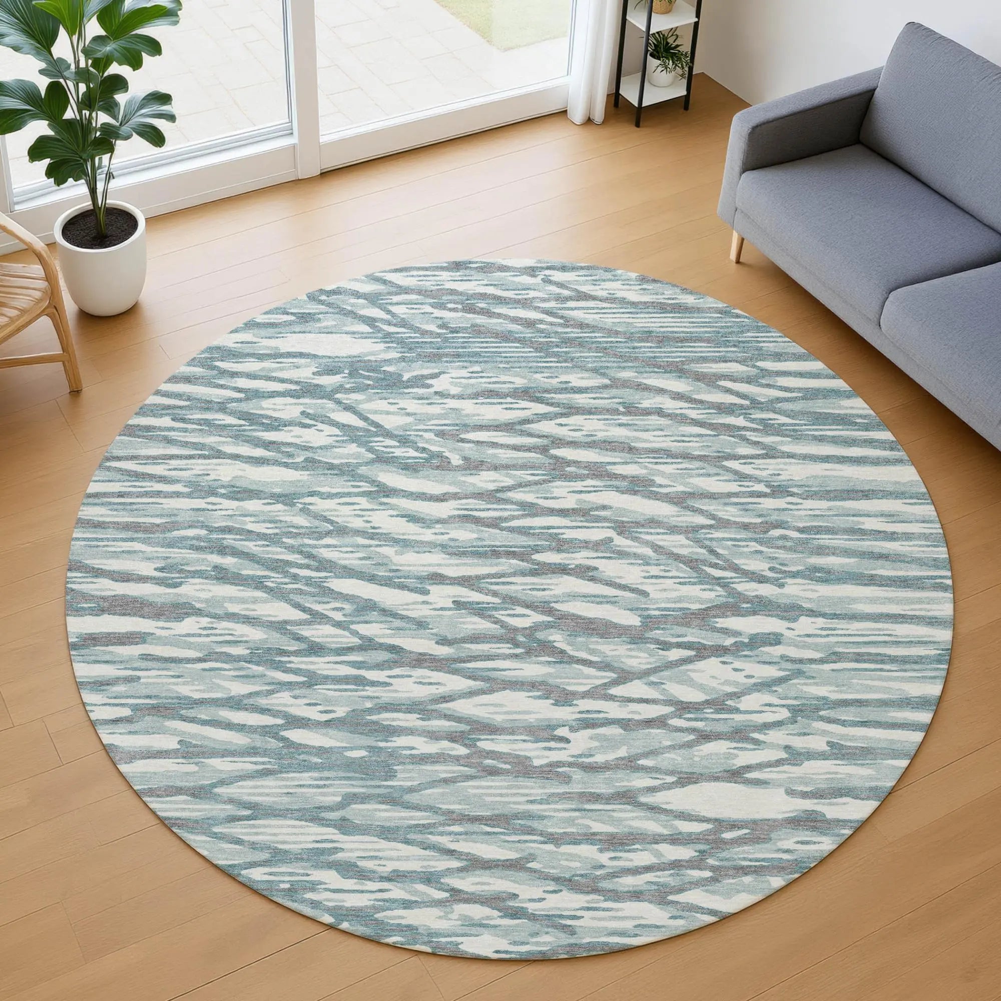 8' Teal Blue And Pewter Round Abstract Washable Indoor Outdoor Area Rug Homeroots Outdoor