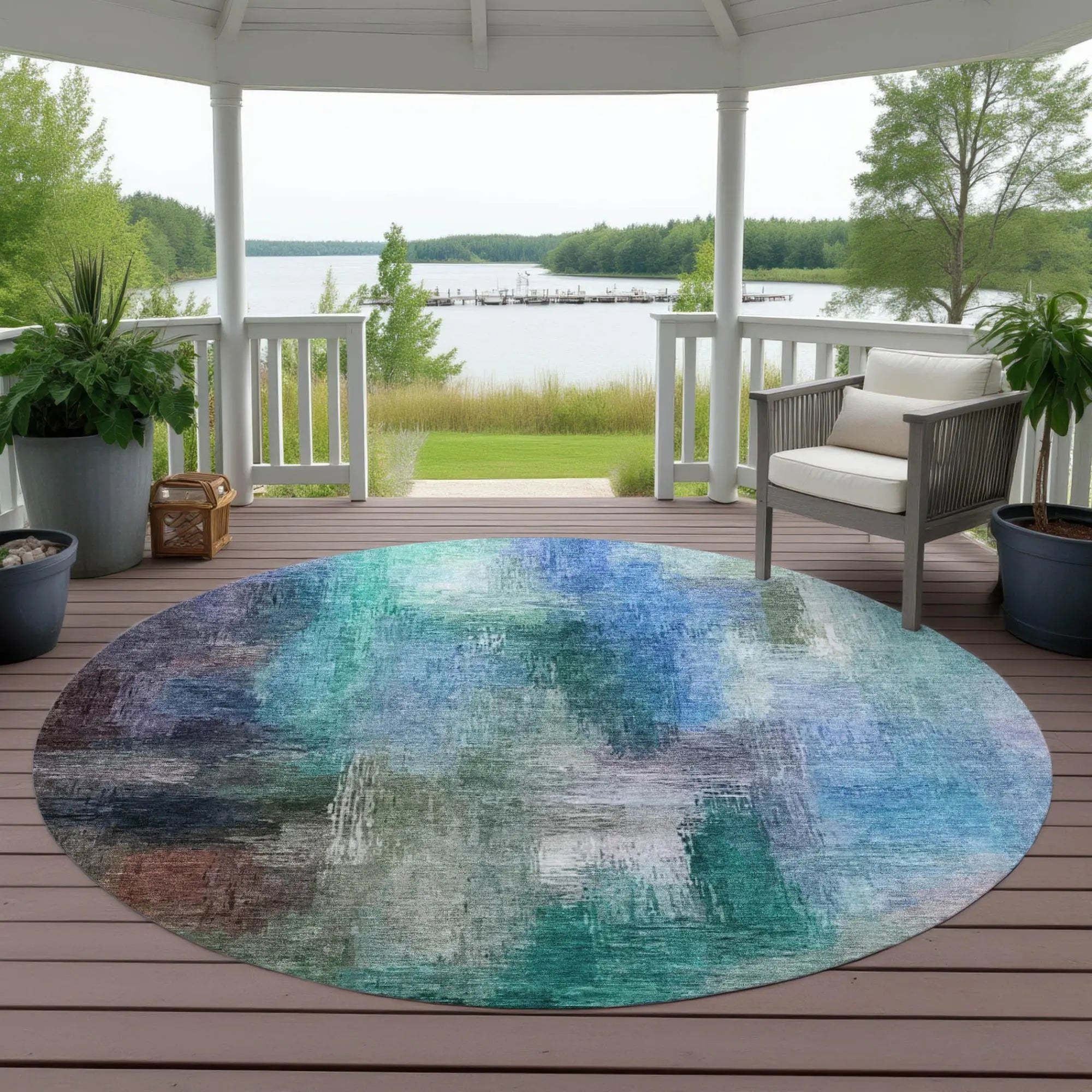 8' Teal Blue And Pewter Round Abstract Washable Indoor Outdoor Area Rug Homeroots Outdoor