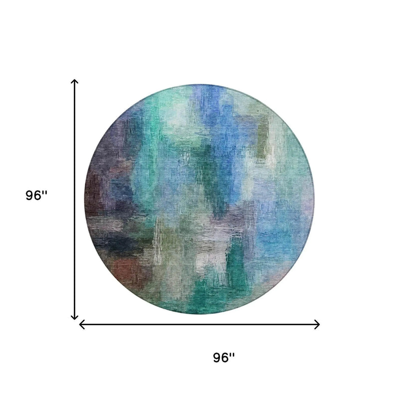 8' Teal Blue And Pewter Round Abstract Washable Indoor Outdoor Area Rug Homeroots Outdoor