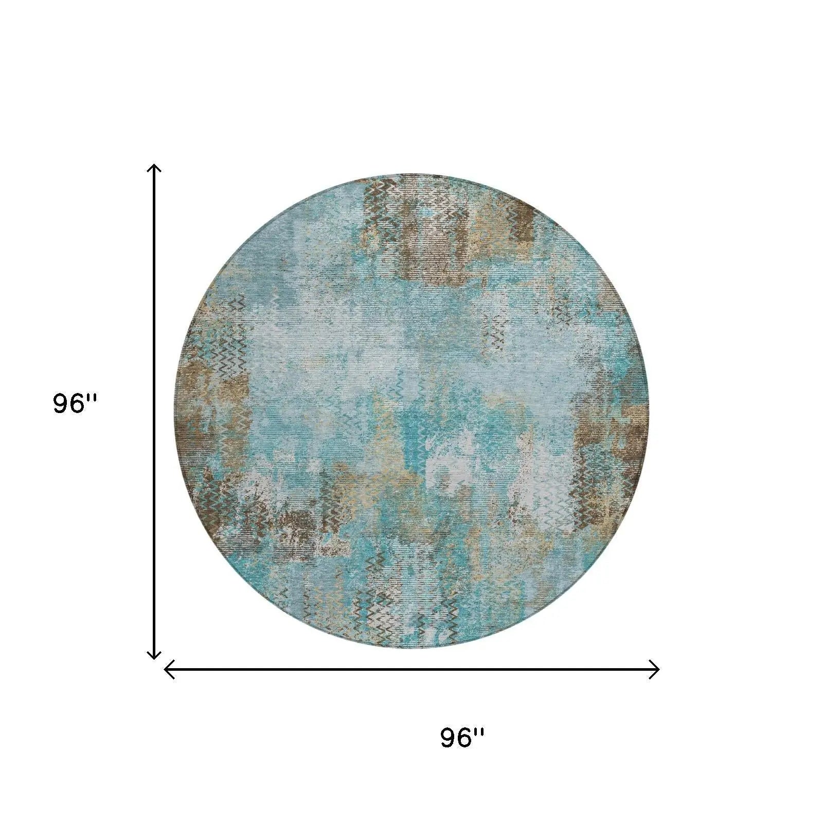 8' Teal Blue And Pewter Round Abstract Washable Indoor Outdoor Area Rug Homeroots Outdoor