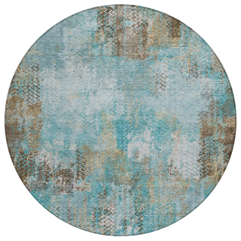 8' Teal Blue And Pewter Round Abstract Washable Indoor Outdoor Area Rug Homeroots Outdoor