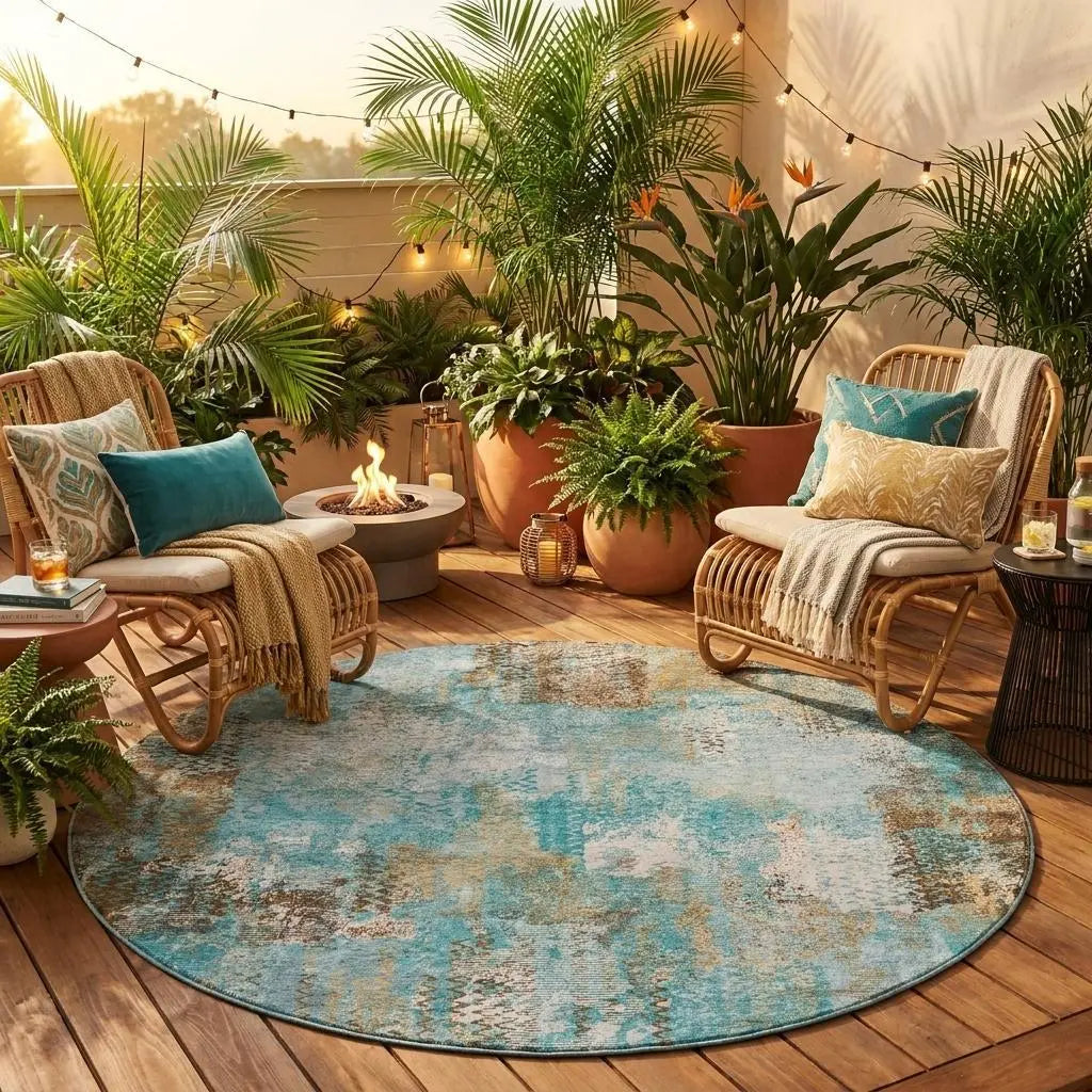 8' Teal Blue And Pewter Round Abstract Washable Indoor Outdoor Area Rug Homeroots Outdoor