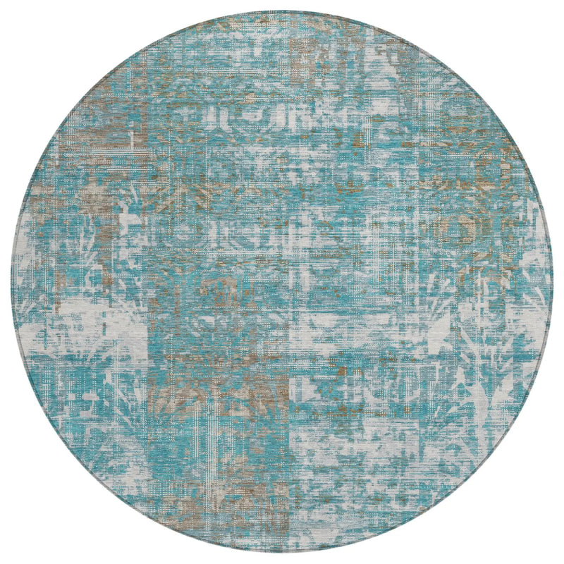 8' Teal Blue And Pewter Round Abstract Washable Indoor Outdoor Area Rug Homeroots Outdoor