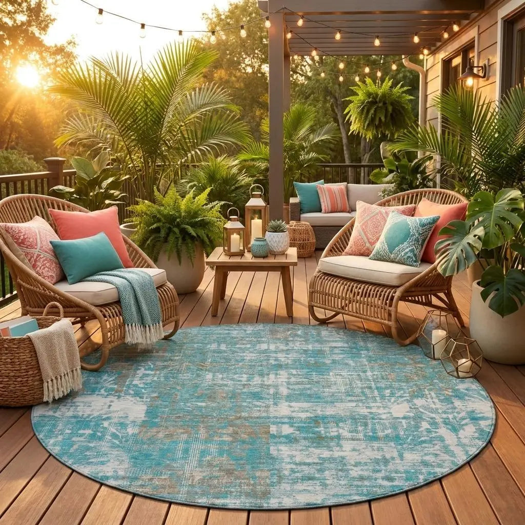 8' Teal Blue And Pewter Round Abstract Washable Indoor Outdoor Area Rug Homeroots Outdoor