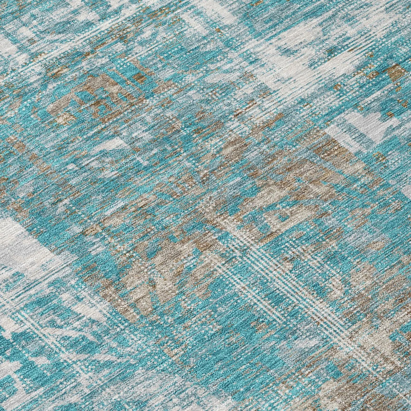8' Teal Blue And Pewter Round Abstract Washable Indoor Outdoor Area Rug Homeroots Outdoor