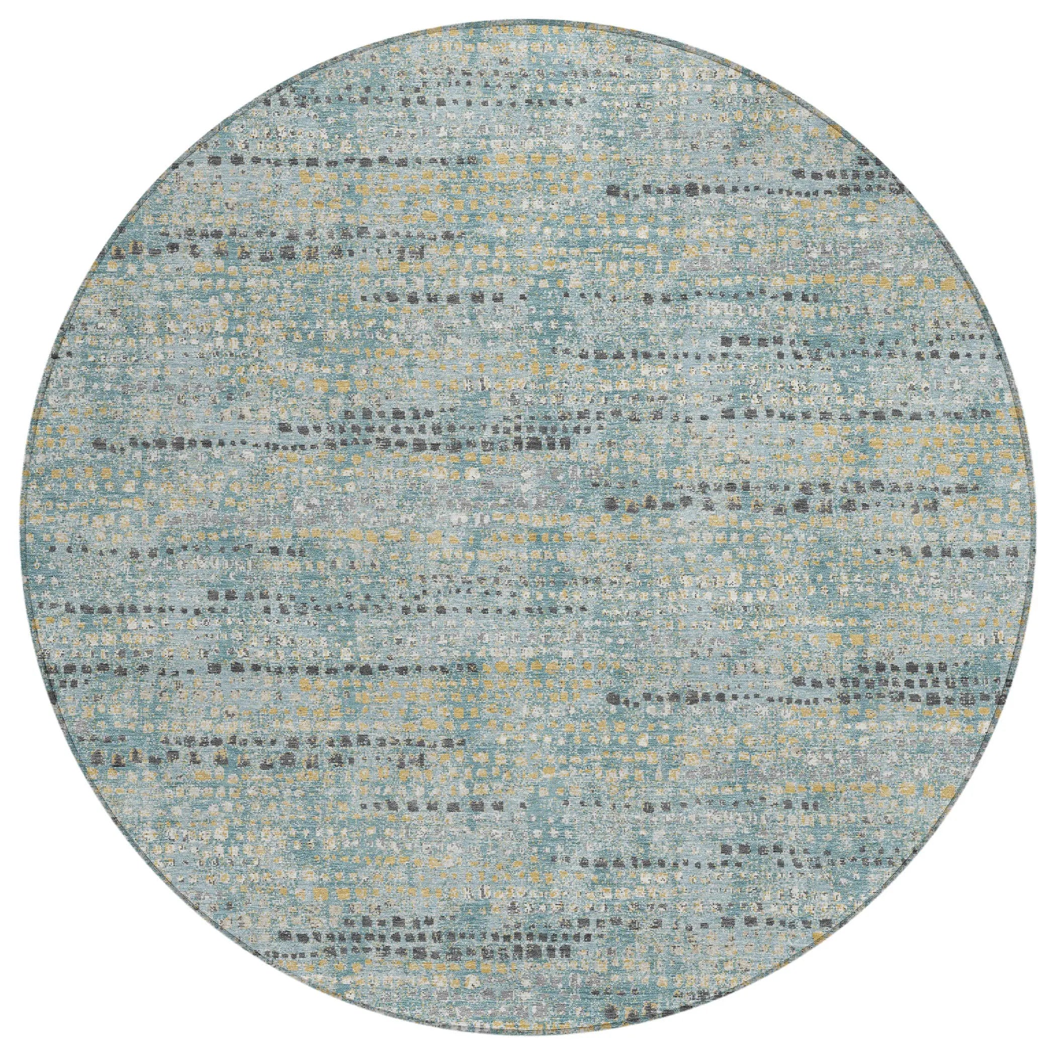 8' Teal Blue And Pewter Round Abstract Washable Indoor Outdoor Area Rug Homeroots Outdoor