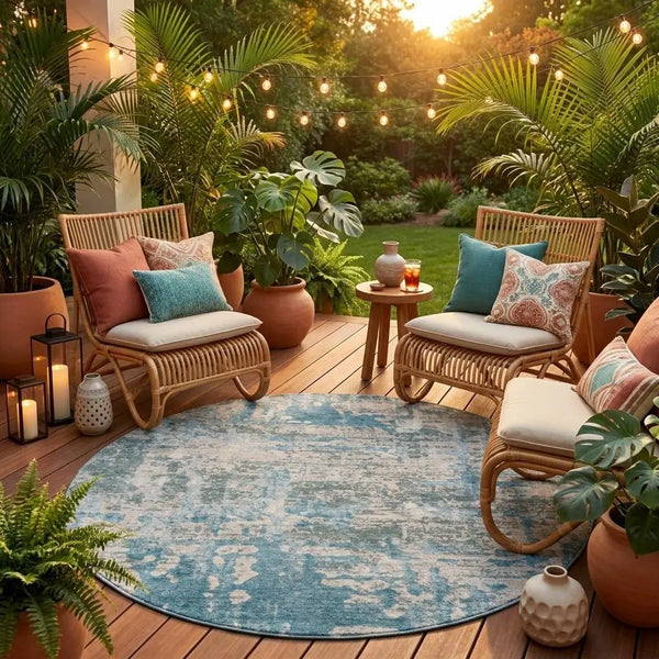 8' Teal Blue And Pewter Round Abstract Washable Indoor Outdoor Area Rug Homeroots Outdoor
