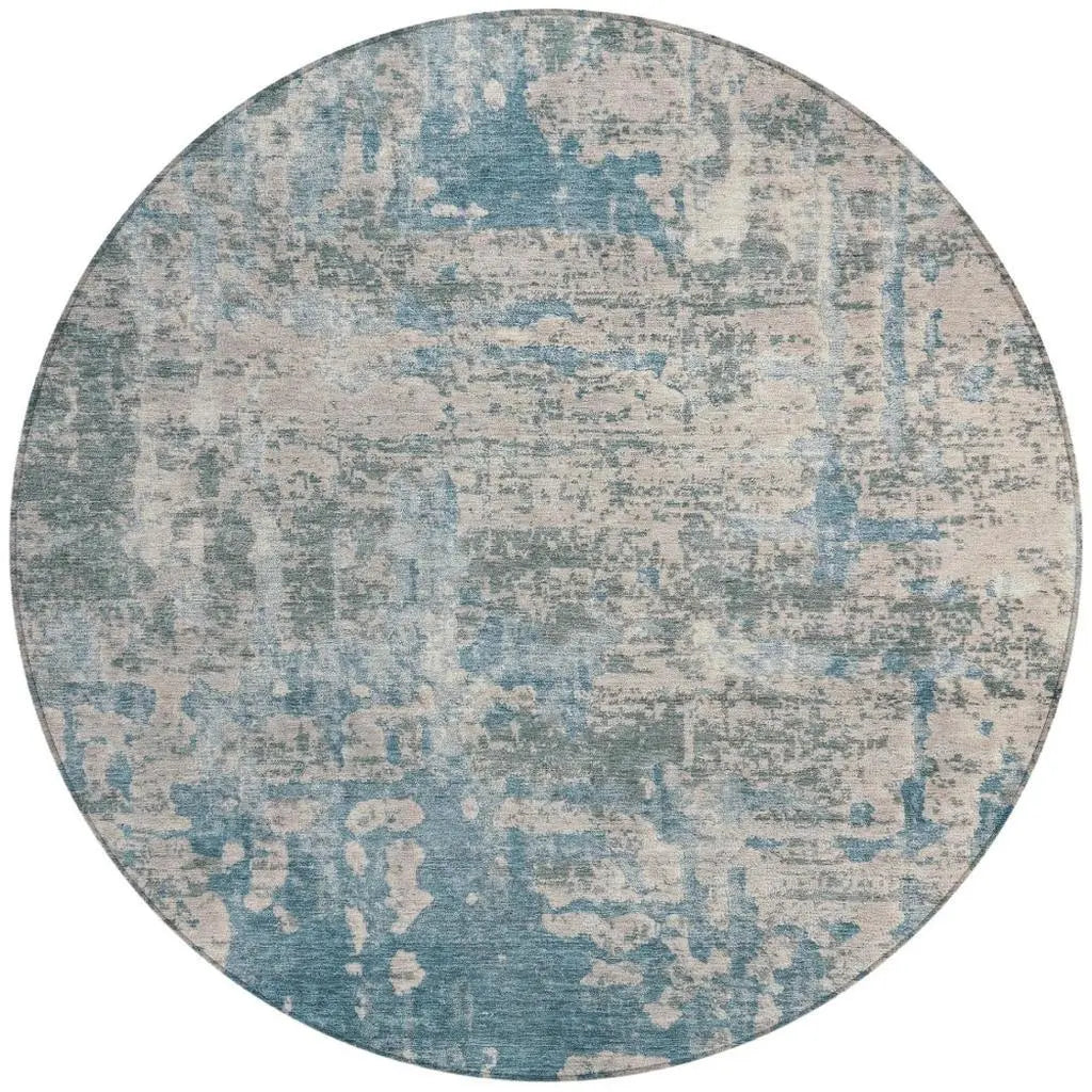 8' Teal Blue And Pewter Round Abstract Washable Indoor Outdoor Area Rug Homeroots Outdoor