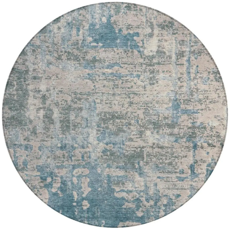 8' Teal Blue And Pewter Round Abstract Washable Indoor Outdoor Area Rug Homeroots Outdoor