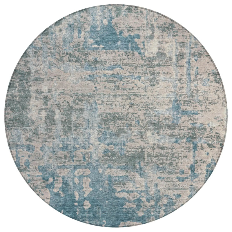 8' Teal Blue And Pewter Round Abstract Washable Indoor Outdoor Area Rug Homeroots Outdoor
