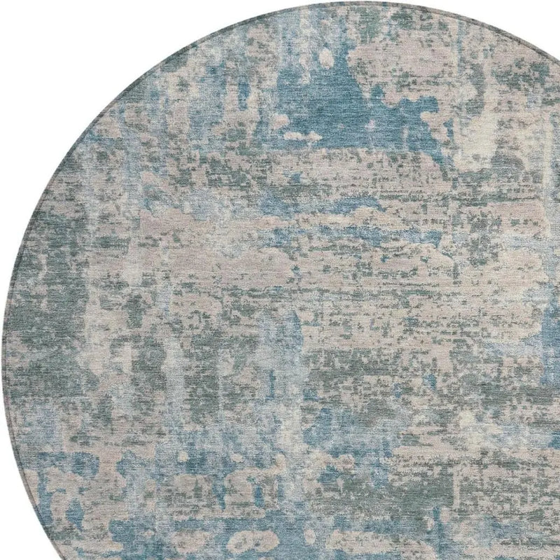 8' Teal Blue And Pewter Round Abstract Washable Indoor Outdoor Area Rug Homeroots Outdoor