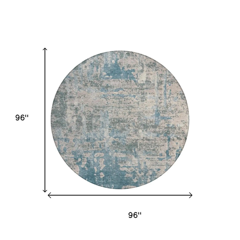 8' Teal Blue And Pewter Round Abstract Washable Indoor Outdoor Area Rug Homeroots Outdoor