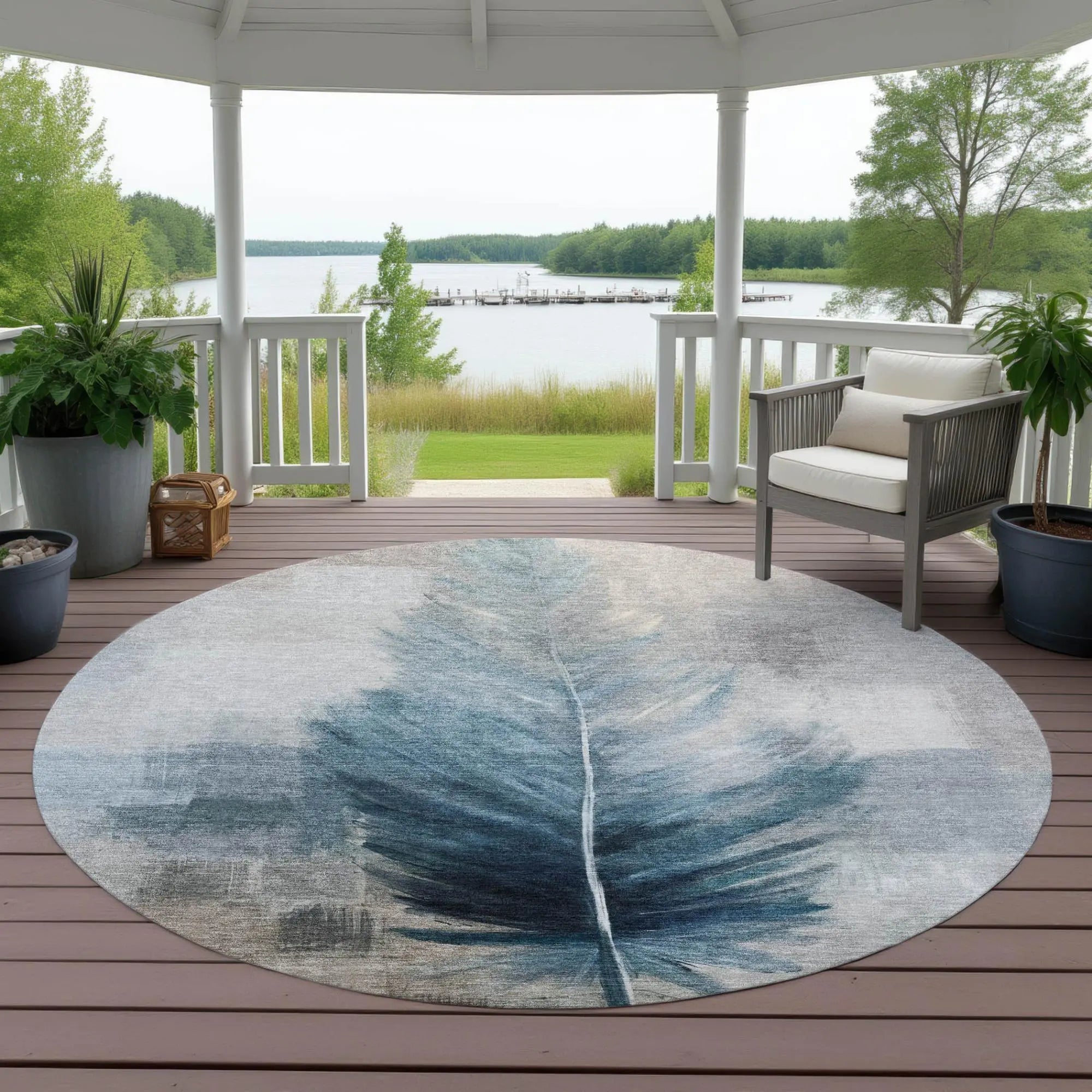 8' Teal Blue And Pewter Round Botanical Leaves Washable Indoor Outdoor Area Rug Homeroots Outdoor