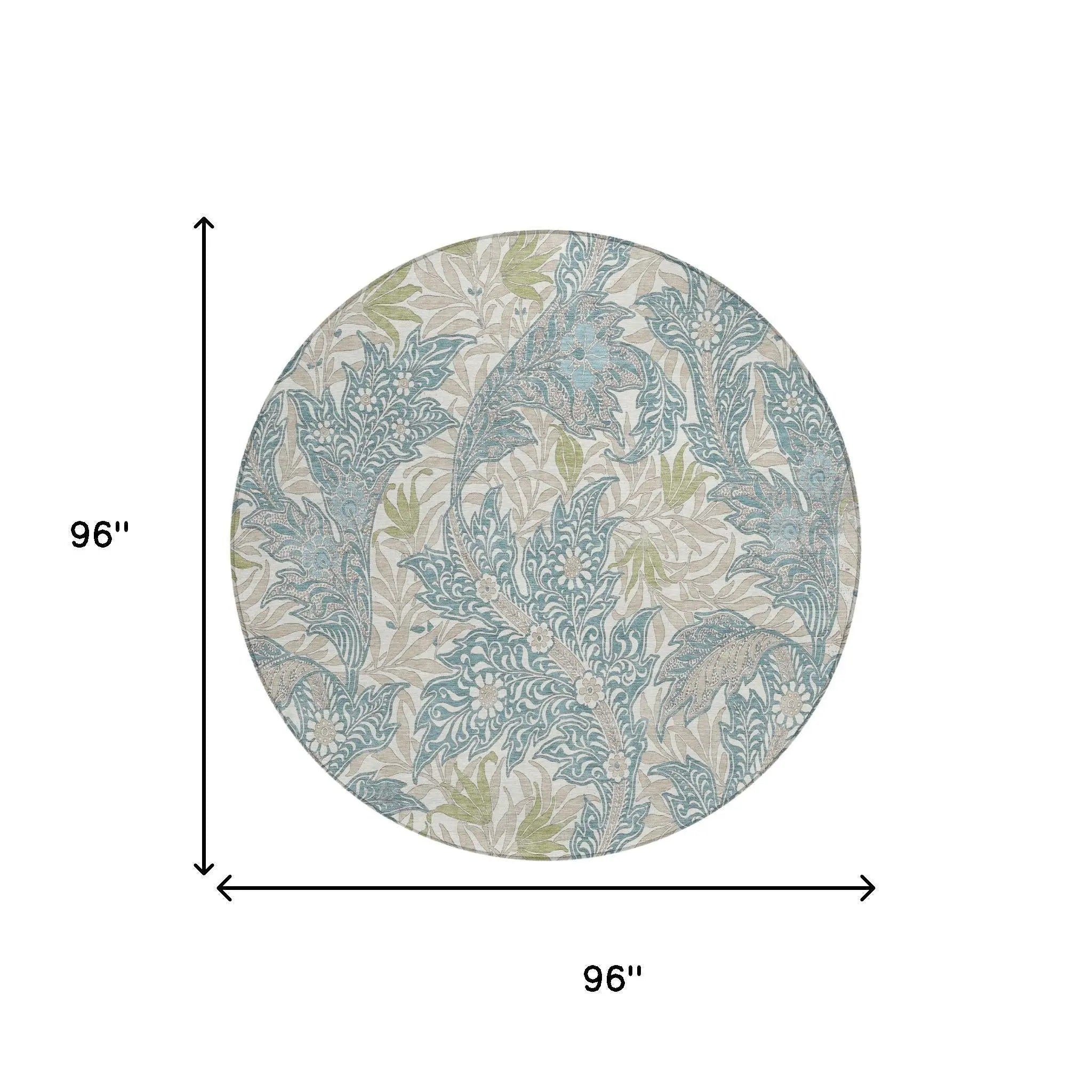 8' Teal Blue And Pewter Round Botanical Leaves Washable Indoor Outdoor Area Rug Homeroots Outdoor