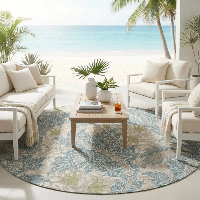 8' Teal Blue And Pewter Round Botanical Leaves Washable Indoor Outdoor Area Rug Homeroots Outdoor