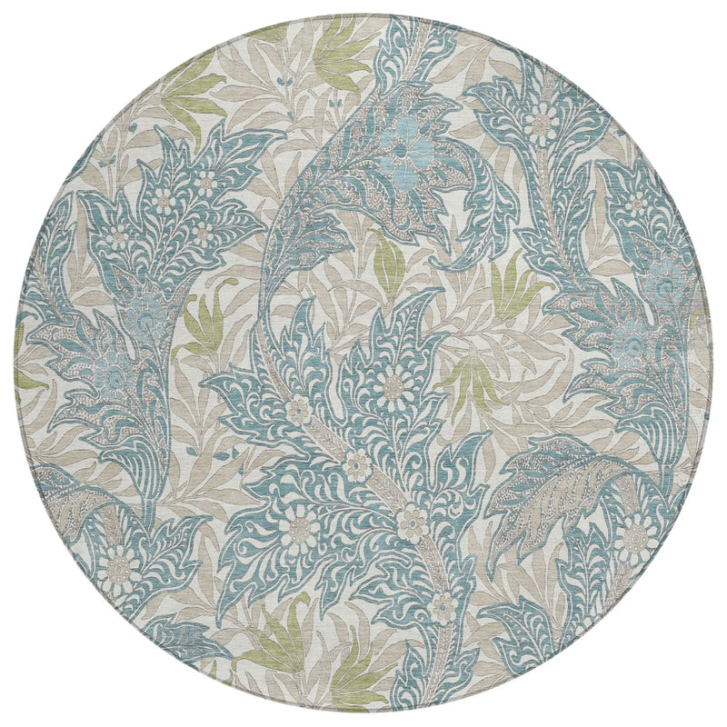 8' Teal Blue And Pewter Round Botanical Leaves Washable Indoor Outdoor Area Rug Homeroots Outdoor