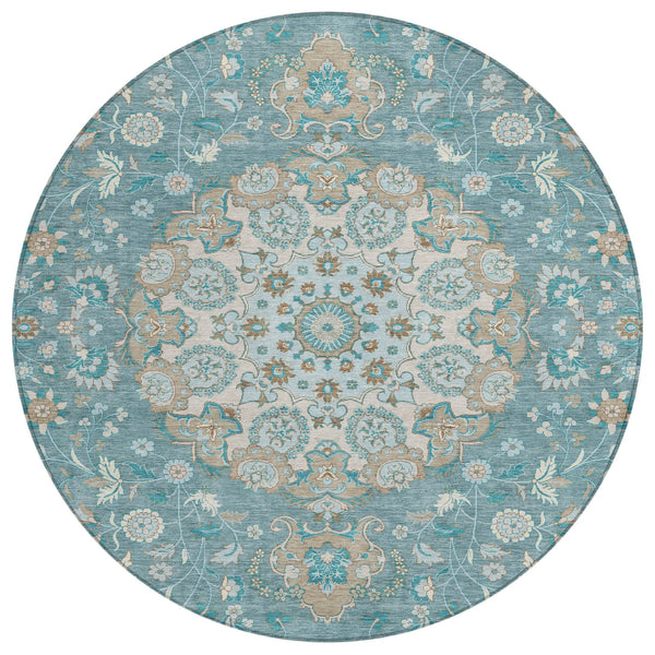 8' Teal Blue And Pewter Round Damask Washable Indoor Outdoor Area Rug Homeroots Outdoor