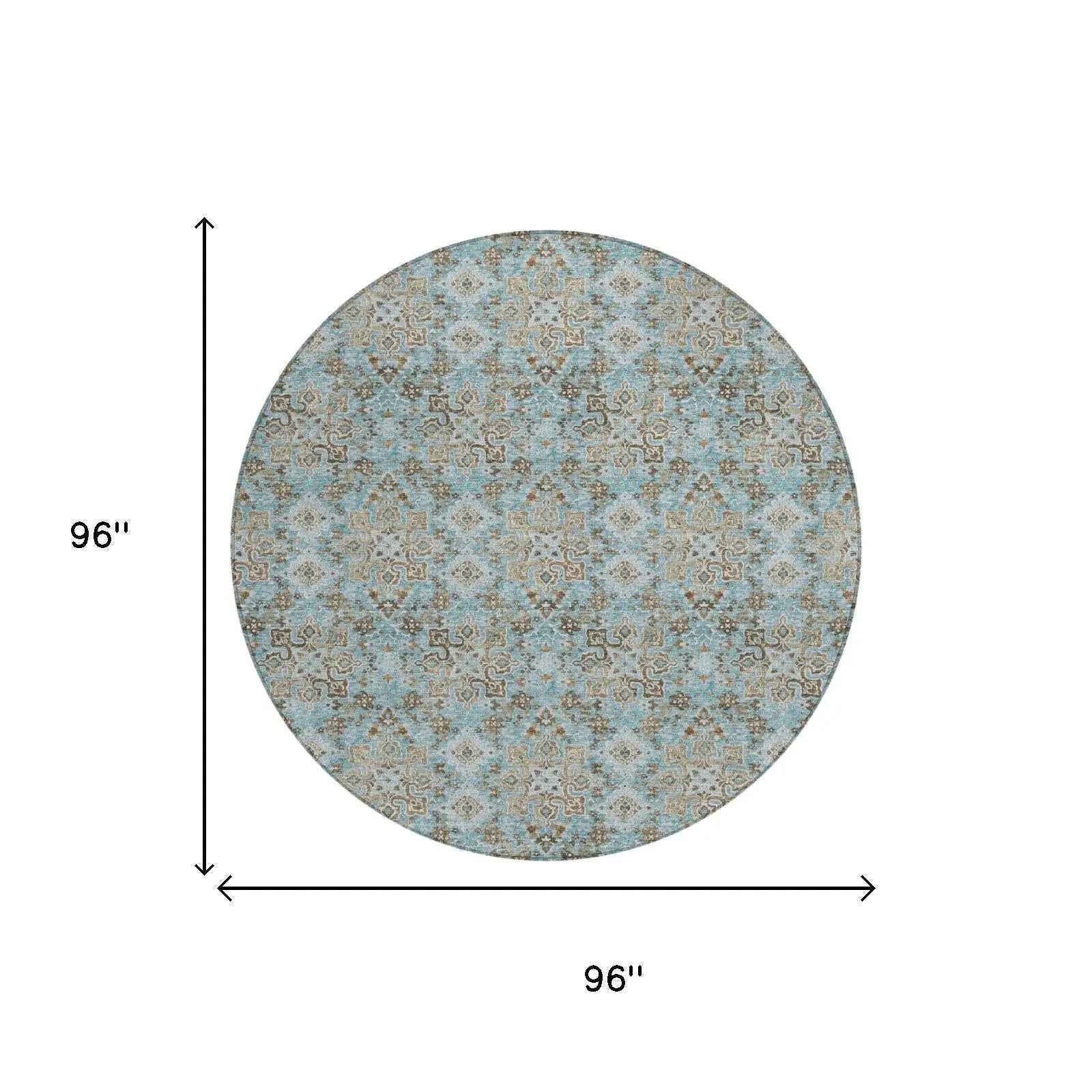 8' Teal Blue And Pewter Round Damask Washable Indoor Outdoor Area Rug Homeroots Outdoor