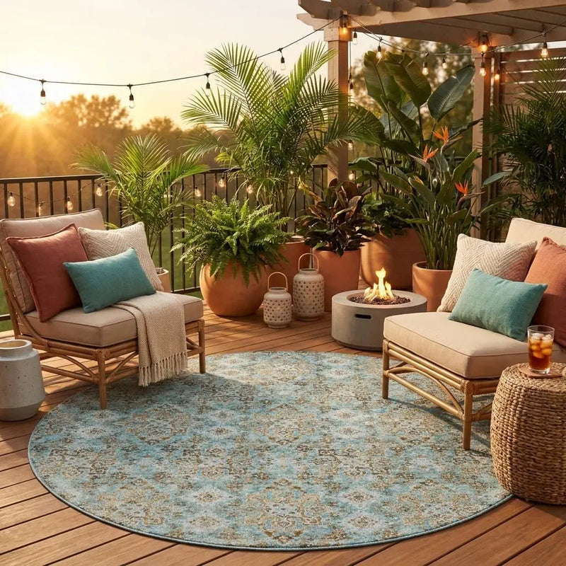 8' Teal Blue And Pewter Round Damask Washable Indoor Outdoor Area Rug Homeroots Outdoor