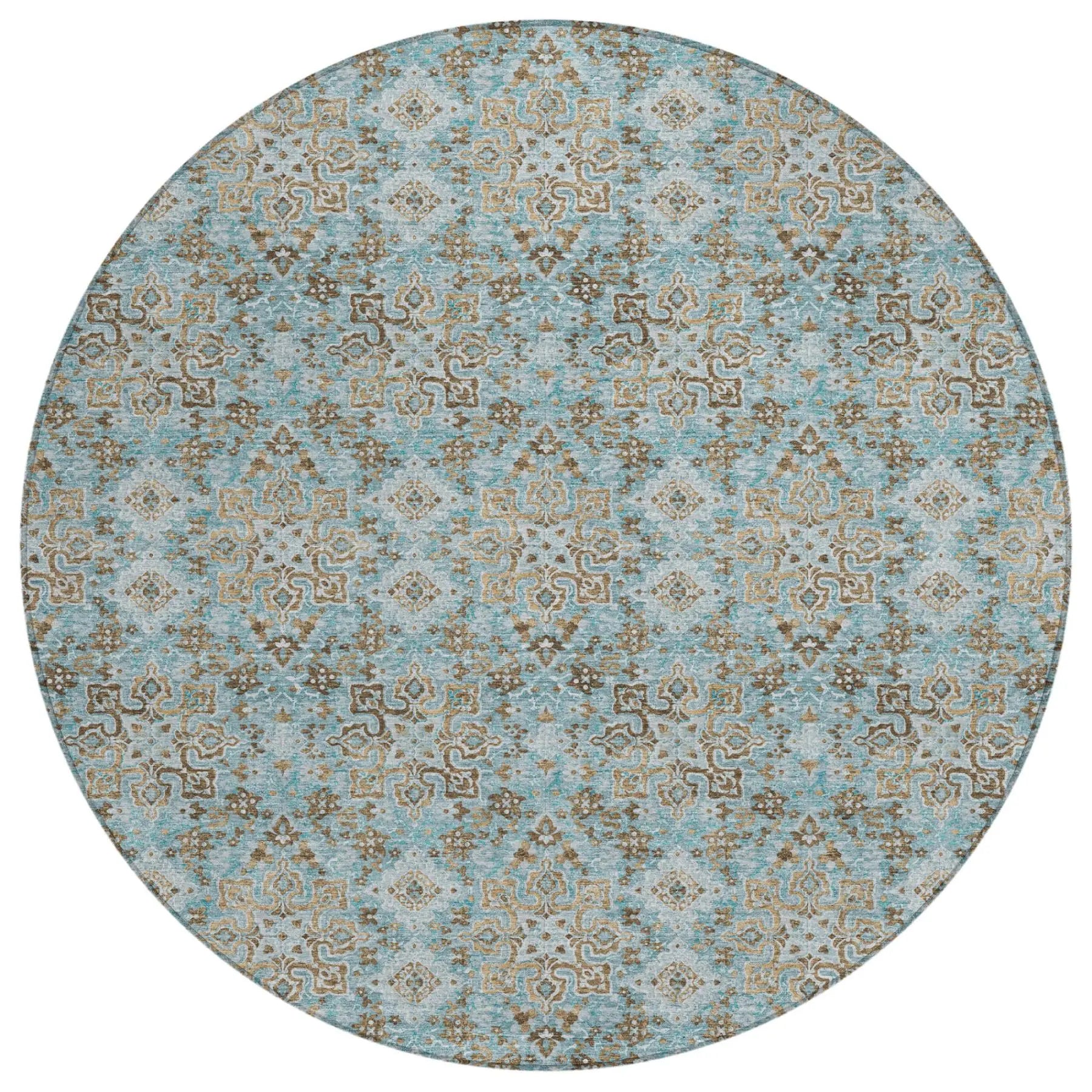 8' Teal Blue And Pewter Round Damask Washable Indoor Outdoor Area Rug Homeroots Outdoor