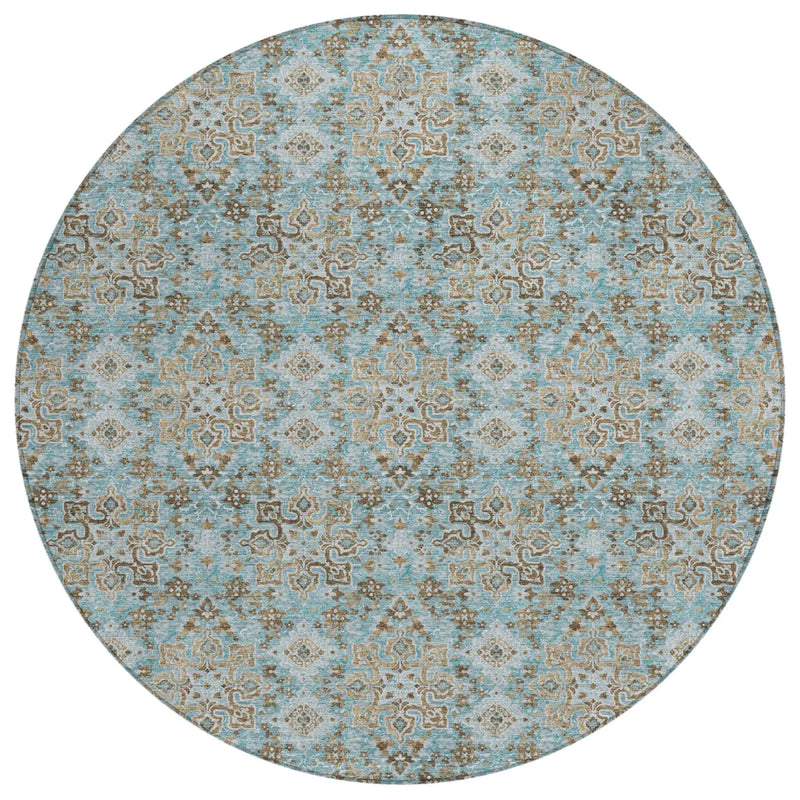 8' Teal Blue And Pewter Round Damask Washable Indoor Outdoor Area Rug Homeroots Outdoor