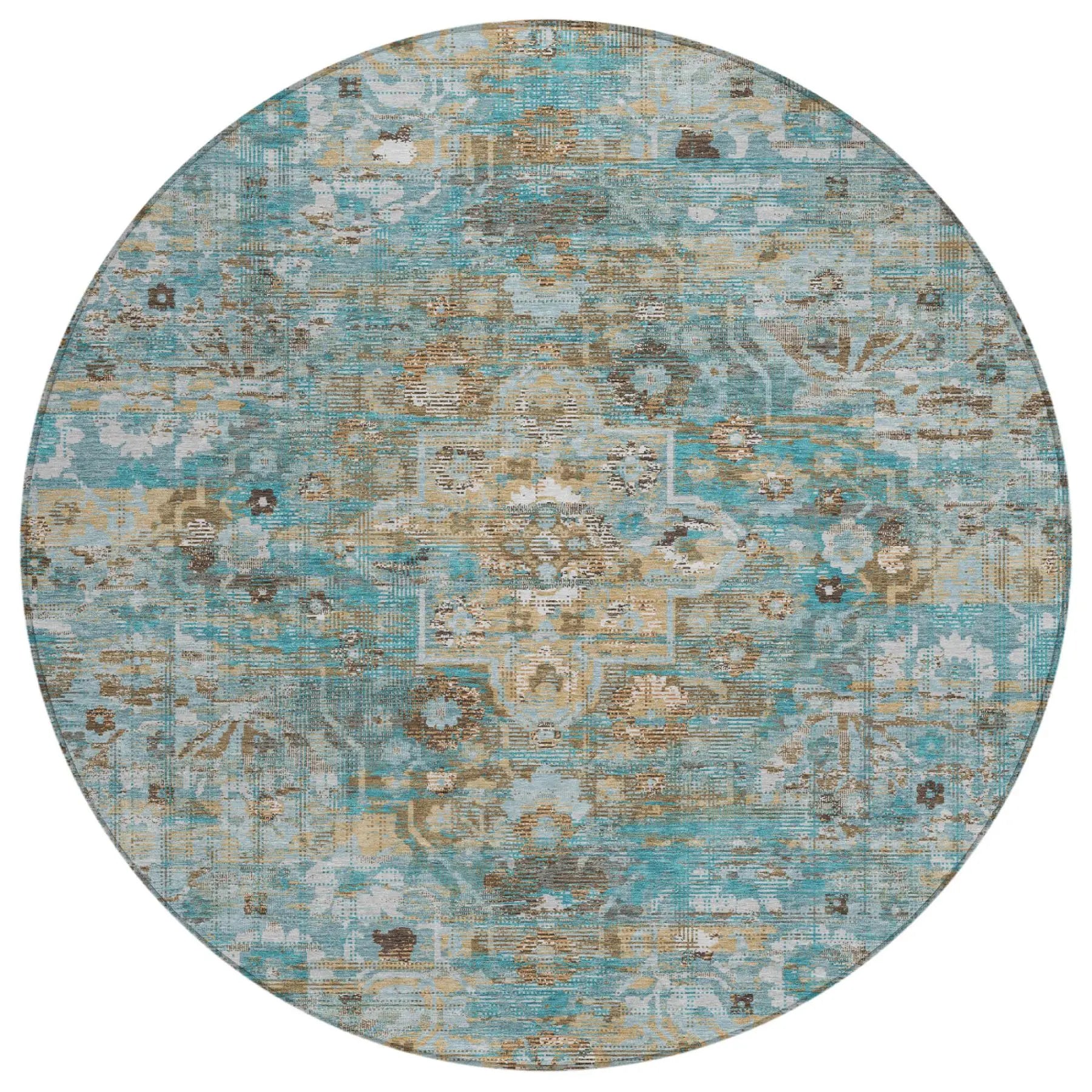8' Teal Blue And Pewter Round Floral Medallion Washable Indoor Outdoor Area Rug Homeroots Outdoor