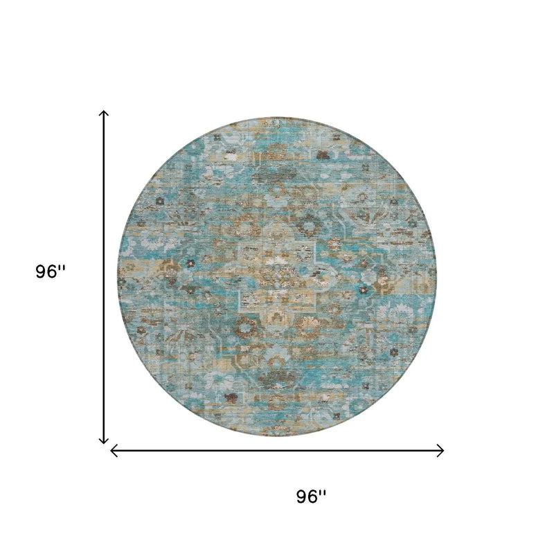 8' Teal Blue And Pewter Round Floral Medallion Washable Indoor Outdoor Area Rug Homeroots Outdoor