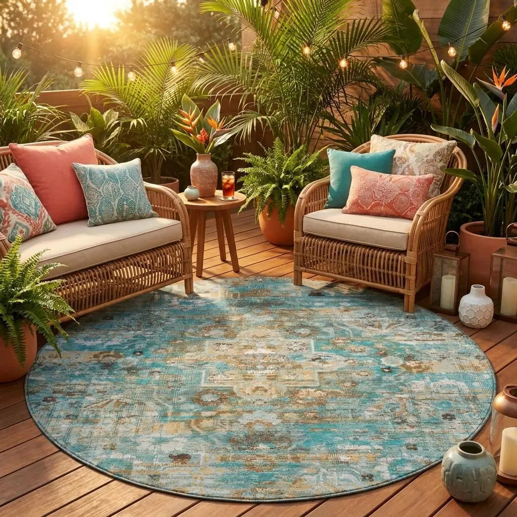 8' Teal Blue And Pewter Round Floral Medallion Washable Indoor Outdoor Area Rug Homeroots Outdoor