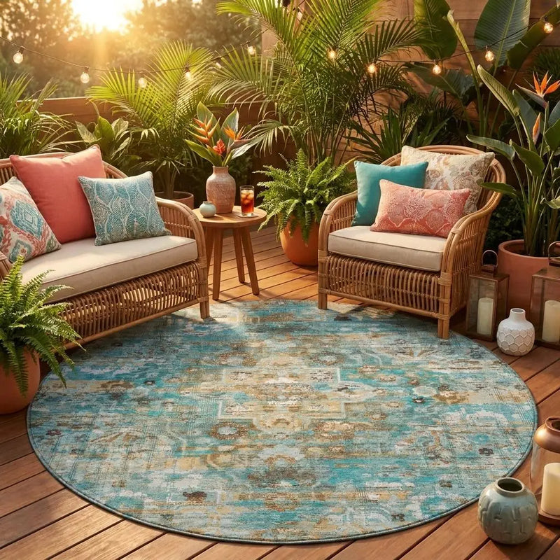 8' Teal Blue And Pewter Round Floral Medallion Washable Indoor Outdoor Area Rug Homeroots Outdoor