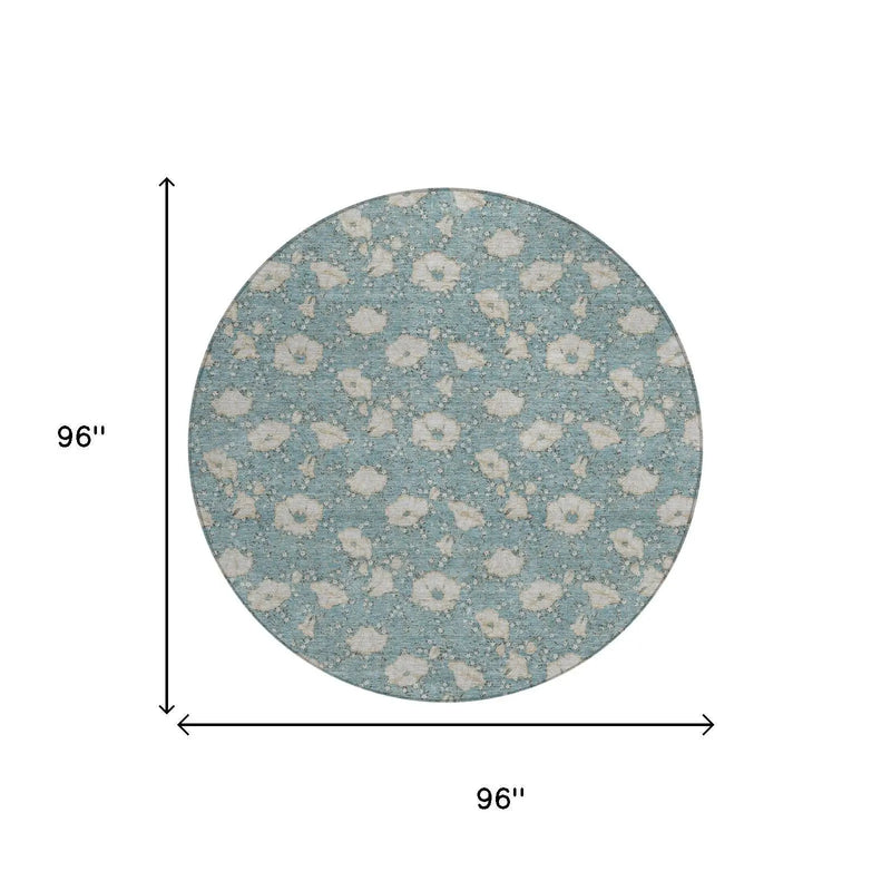 8' Teal Blue And Pewter Round Floral Washable Indoor Outdoor Area Rug Homeroots Outdoor