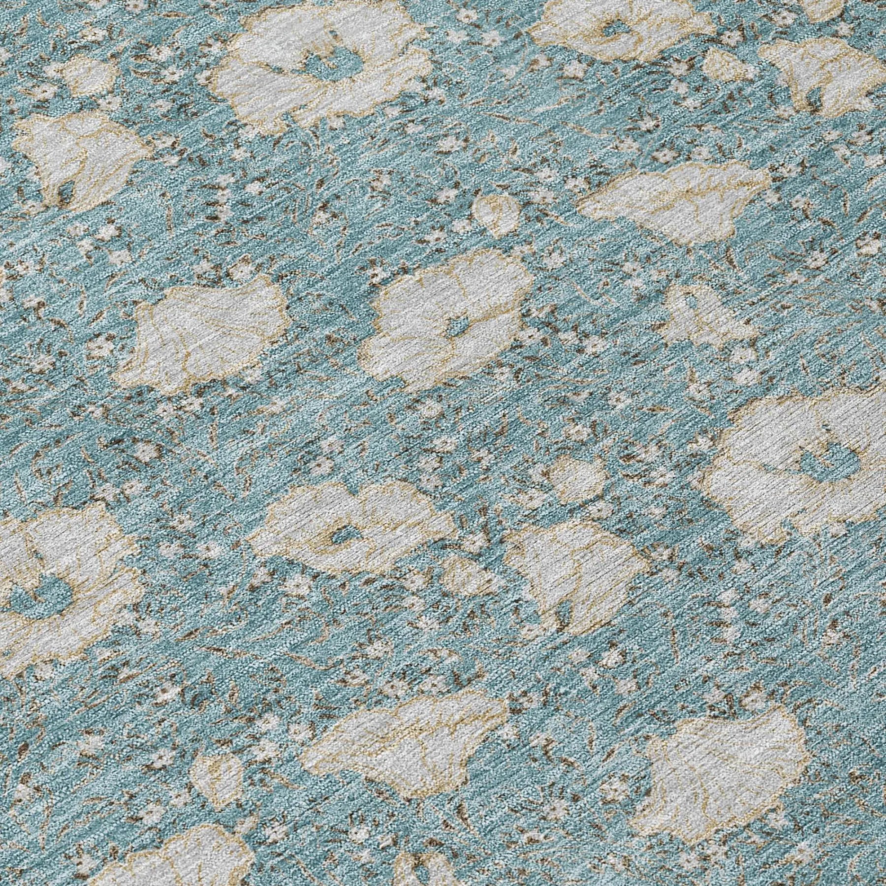 8' Teal Blue And Pewter Round Floral Washable Indoor Outdoor Area Rug Homeroots Outdoor