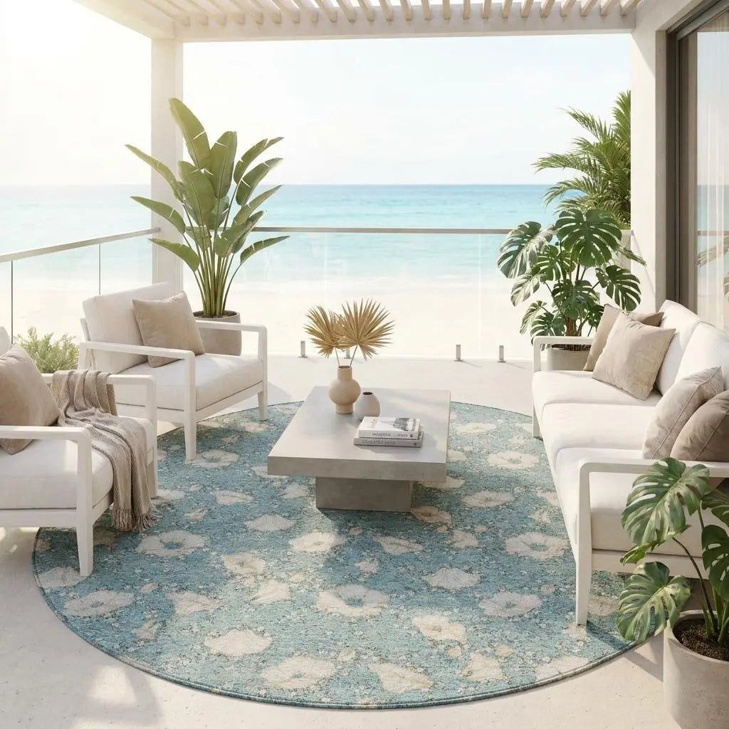 8' Teal Blue And Pewter Round Floral Washable Indoor Outdoor Area Rug Homeroots Outdoor
