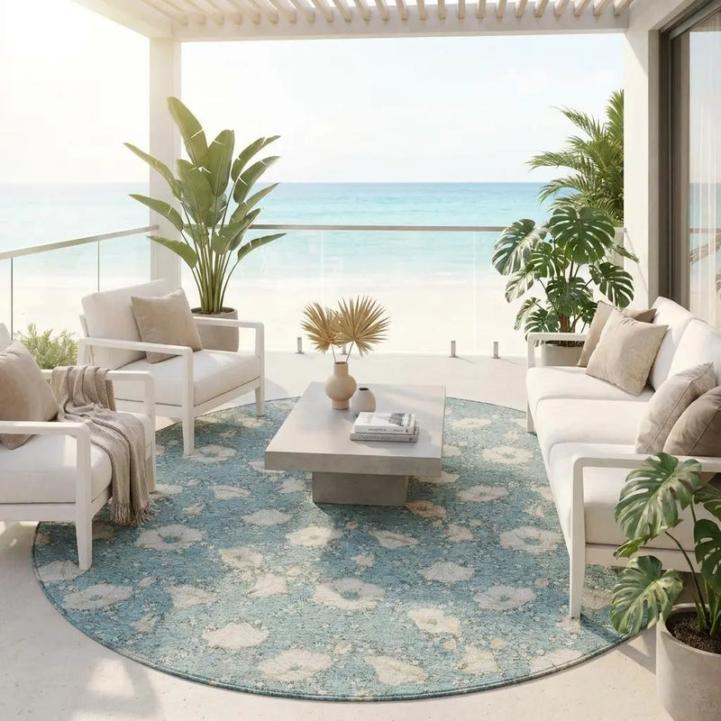 8' Teal Blue And Pewter Round Floral Washable Indoor Outdoor Area Rug Homeroots Outdoor