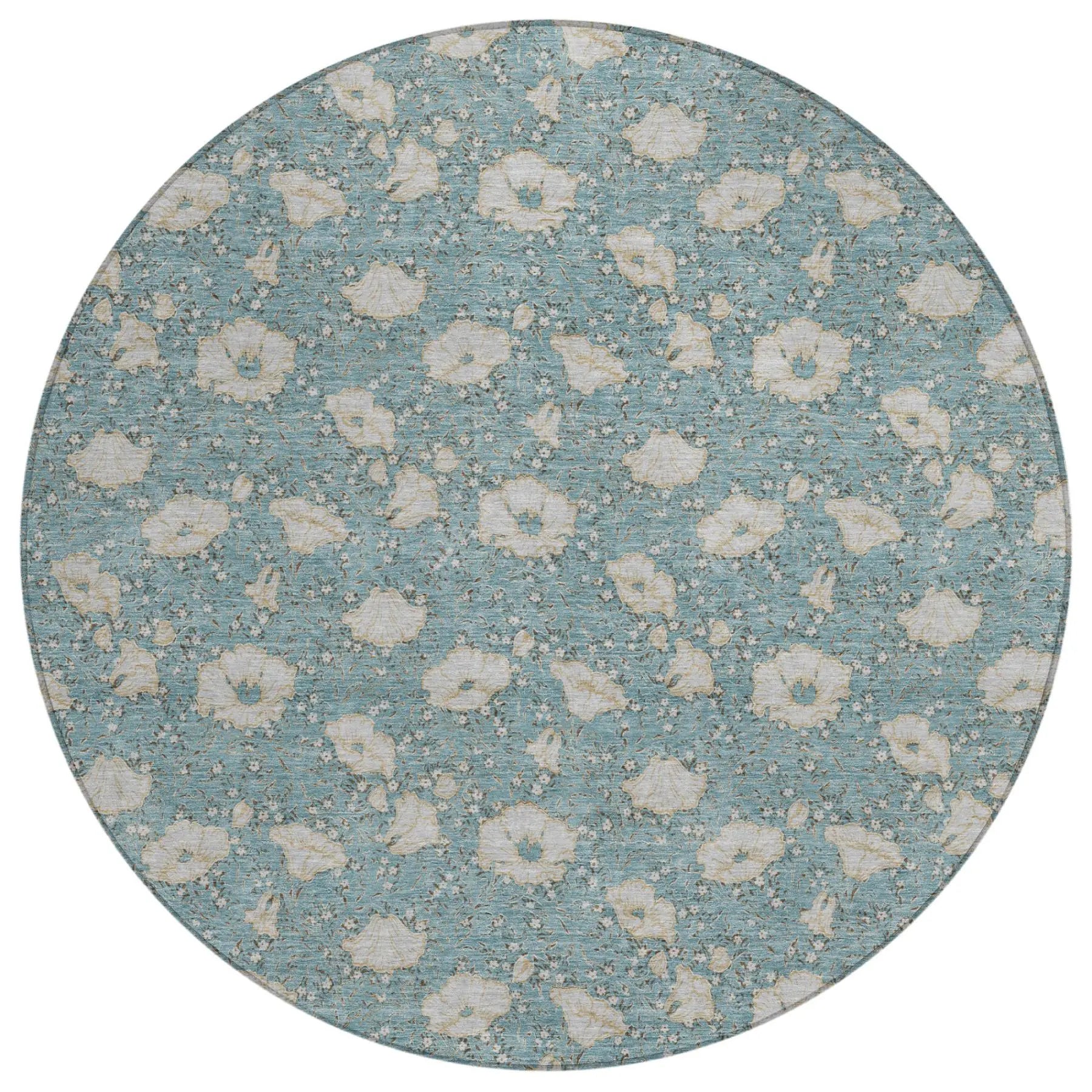 8' Teal Blue And Pewter Round Floral Washable Indoor Outdoor Area Rug Homeroots Outdoor