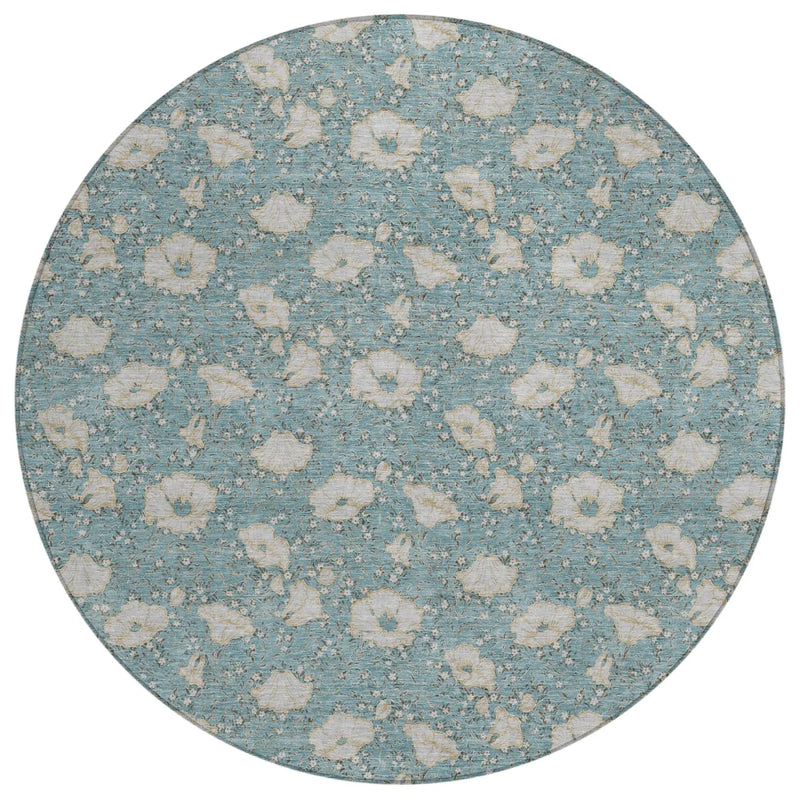 8' Teal Blue And Pewter Round Floral Washable Indoor Outdoor Area Rug Homeroots Outdoor