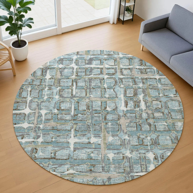 8' Teal Blue And Pewter Round Geometric Washable Indoor Outdoor Area Rug Homeroots Outdoor