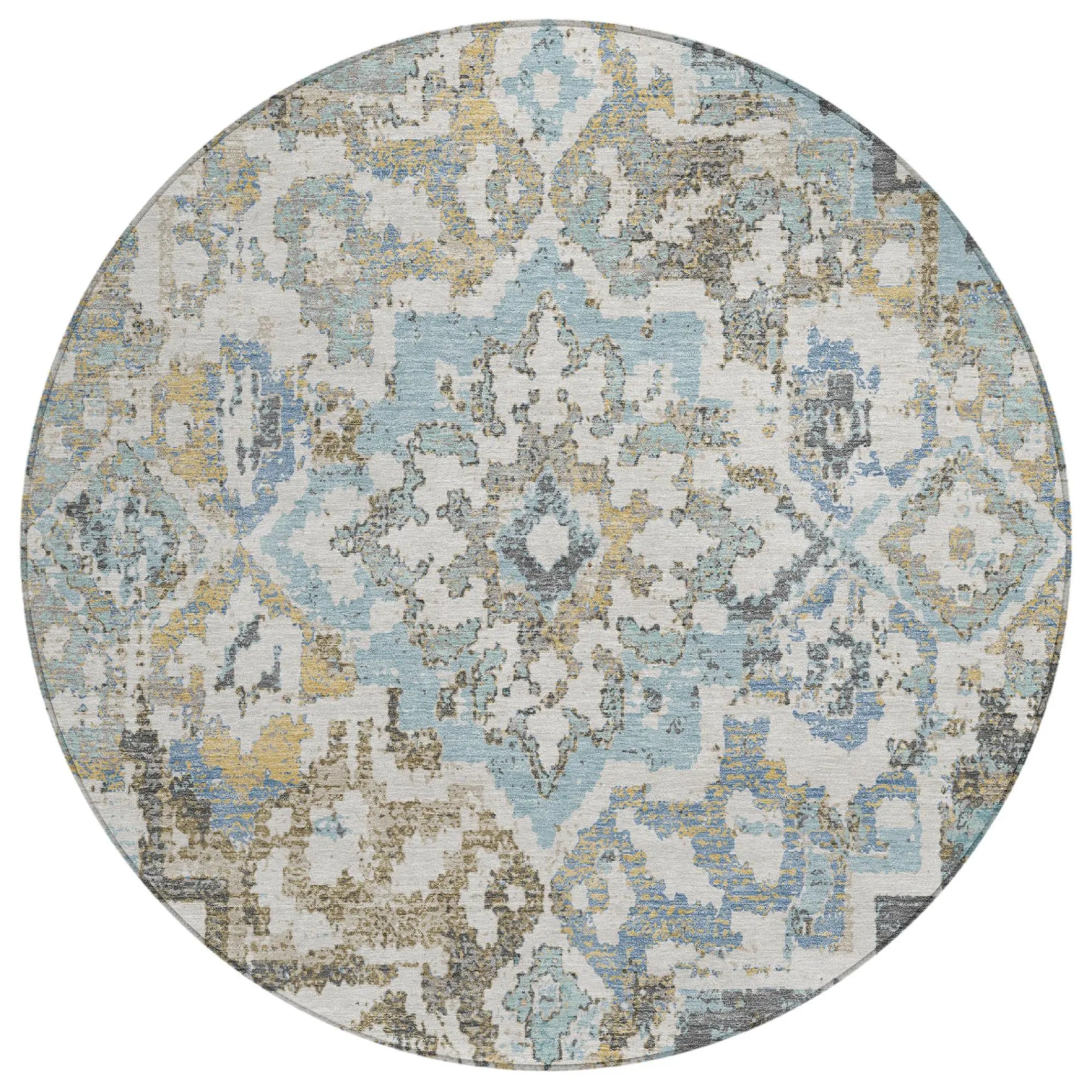 8' Teal Blue And Pewter Round Medallion Washable Indoor Outdoor Area Rug Homeroots Outdoor